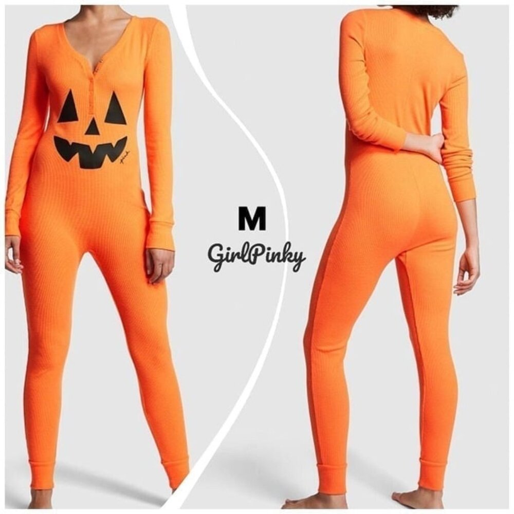 Victoria's Secret Pink JACK O LANTERN Onesie HALOGEN ORANGE HALLOWEEN MEDIUM